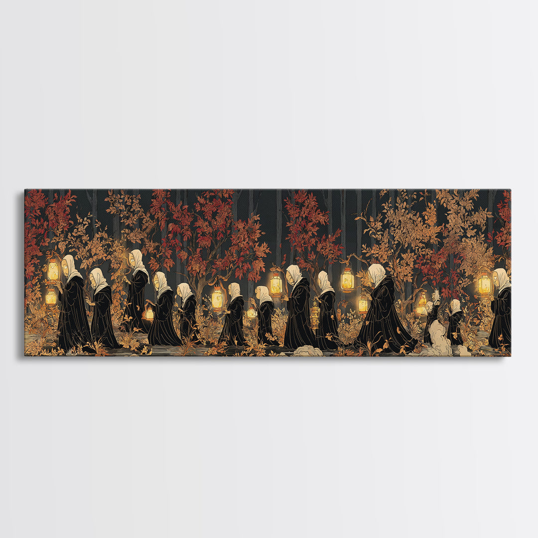 The Golden Funeral Procession - Procession Scene, Occult Wall Decor, Extra Wide Wall Art, Canvas Print, Halloween Home Decor