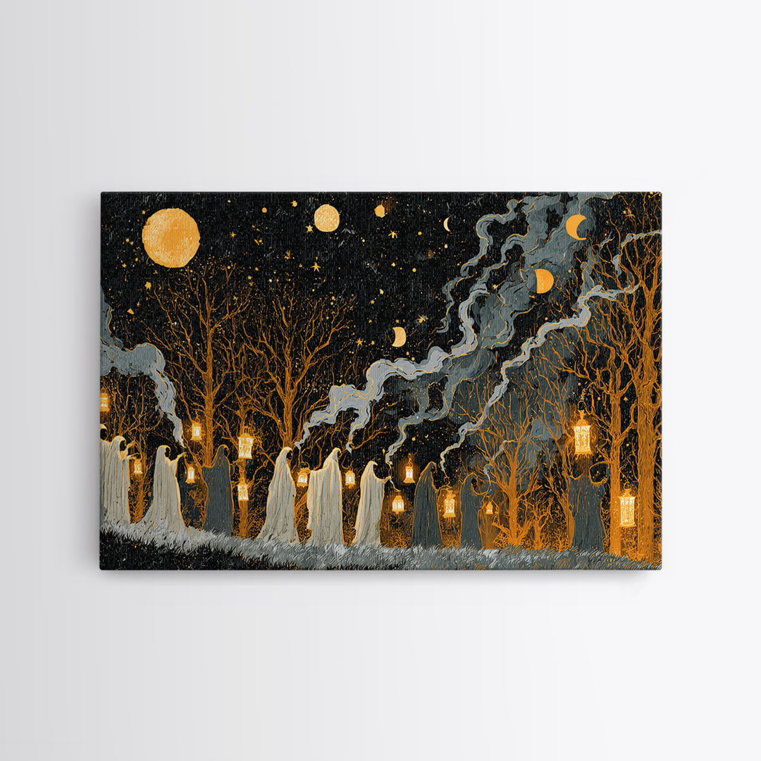 The Golden Funeral Procession - Surreal Celestial Vision, Occult Wall Decor, Landscape Wall Art, Canvas Print, Halloween Home Decor