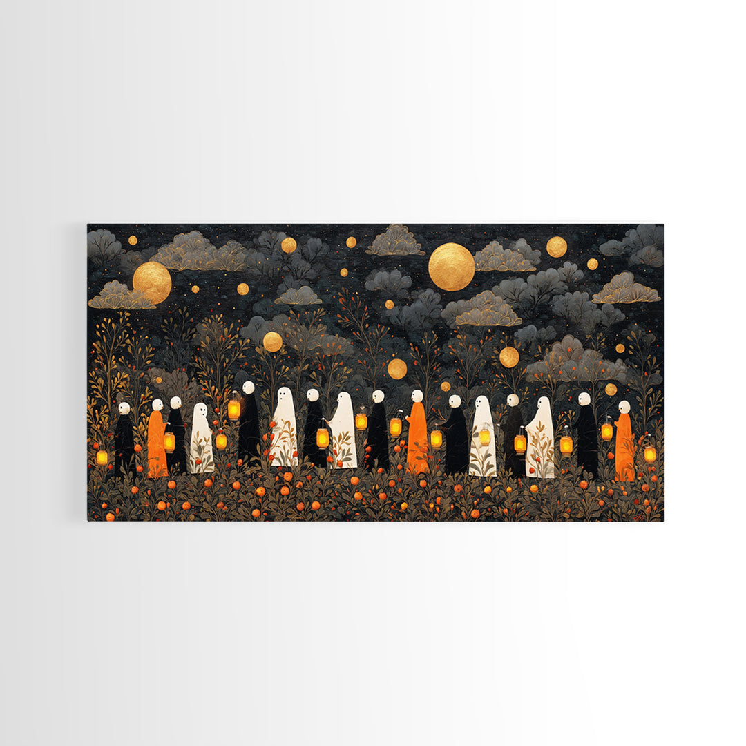 The Golden Funeral Procession - Surreal Celestial Vision, Dark Fantasy Wall Art, Wide Panoramic Art, Canvas Print, Halloween Home Decor
