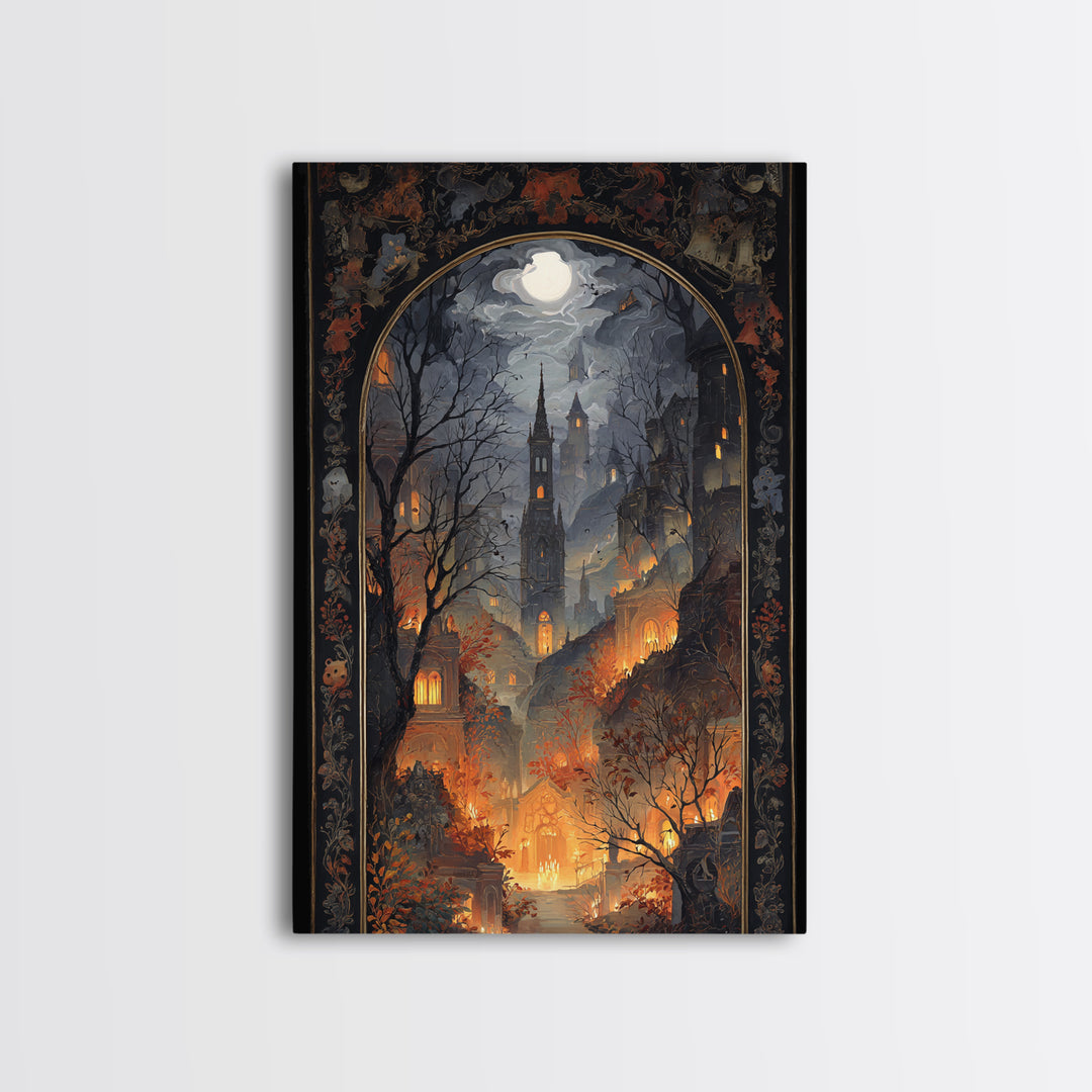 The Monster In The Mirror Cabinet - Environmental Panorama, Macabre Halloween Art, Vertical Wall Art, Framed Canvas Print, Gothic Wall Art