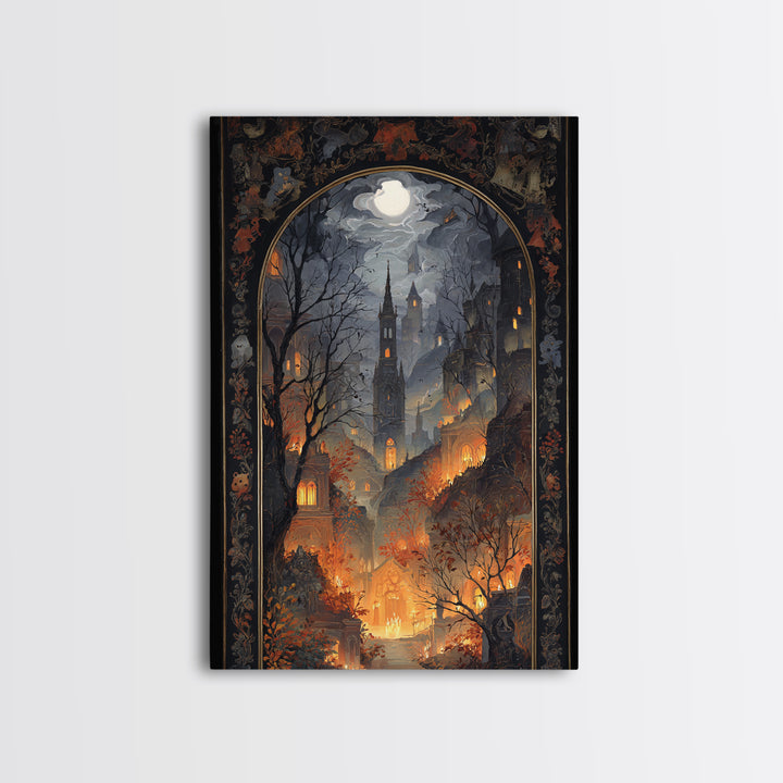 The Monster In The Mirror Cabinet - Environmental Panorama, Macabre Halloween Art, Vertical Wall Art, Framed Canvas Print, Gothic Wall Art