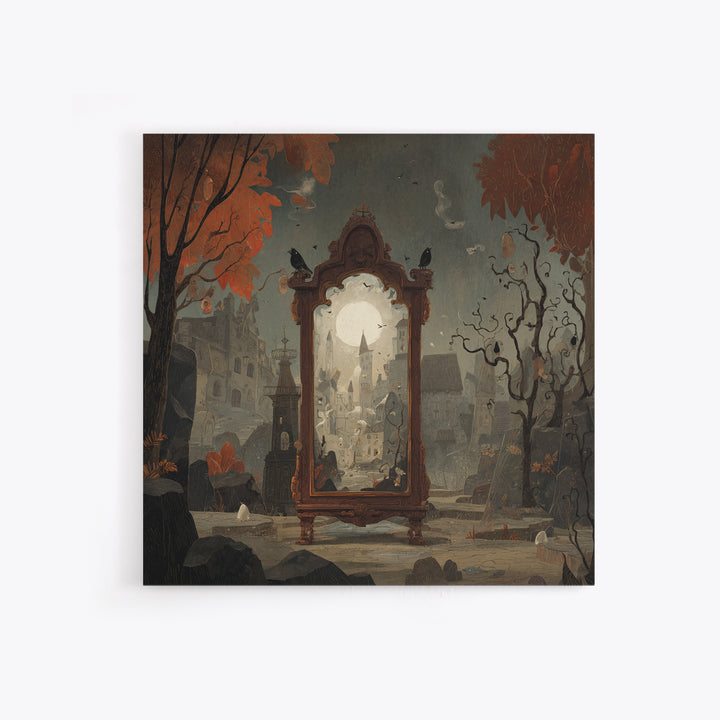 The Monster In The Mirror Cabinet - Environmental Panorama, Halloween Wall Art, Square Wall Art, Framed Canvas Print, Halloween Home Decor