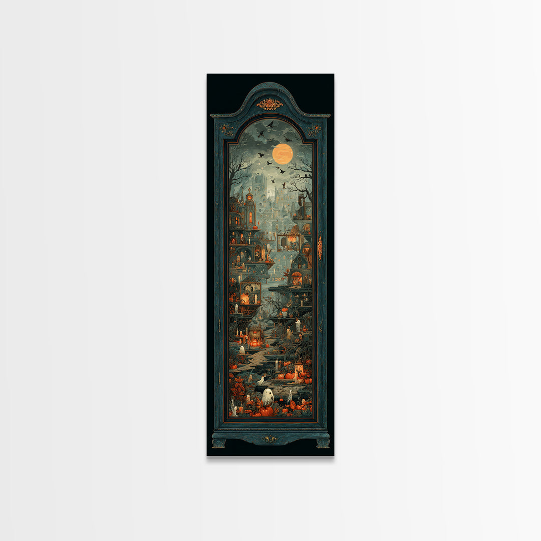 The Monster In The Mirror Cabinet - Environmental Panorama, Halloween Wall Art, Tall Narrow Wall Art, Framed Canvas Print, Gothic Wall Art