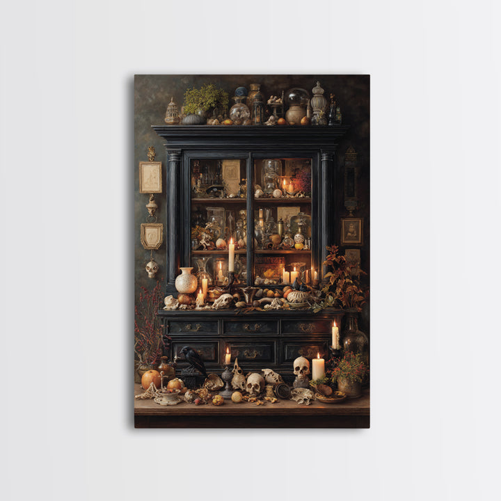 The Monster In The Mirror Cabinet - Occult Still Life, Macabre Halloween Art, Vertical Wall Art, Framed Canvas Print, Halloween Home Decor