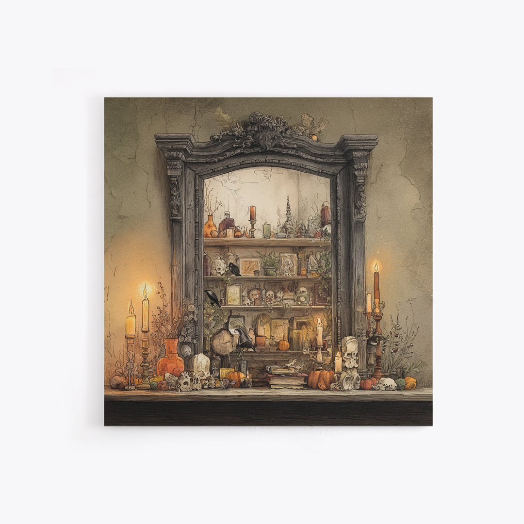 The Monster In The Mirror Cabinet - Occult Still Life, Dark Fantasy Wall Art, Square Wall Art, Canvas Print, Halloween Home Decor