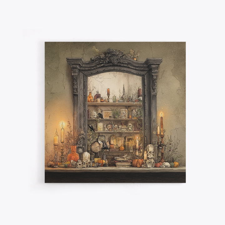 The Monster In The Mirror Cabinet - Occult Still Life, Dark Fantasy Wall Art, Square Wall Art, Canvas Print, Halloween Home Decor