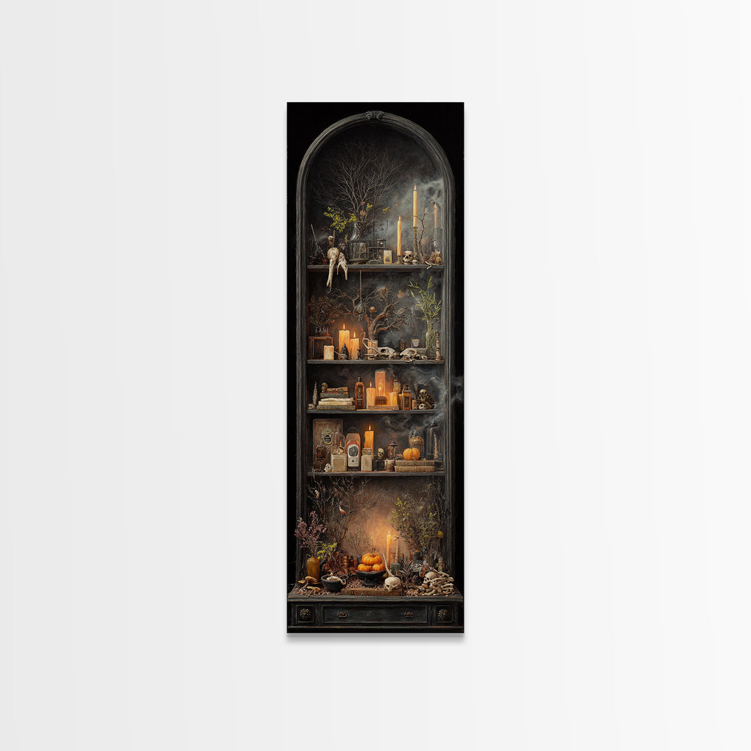 The Monster In The Mirror Cabinet - Occult Still Life, Dark Fantasy Wall Art, Tall Narrow Wall Art, Canvas Print, Halloween Home Decor
