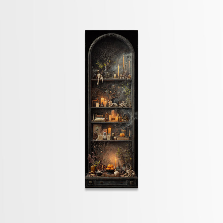 The Monster In The Mirror Cabinet - Occult Still Life, Dark Fantasy Wall Art, Tall Narrow Wall Art, Canvas Print, Halloween Home Decor