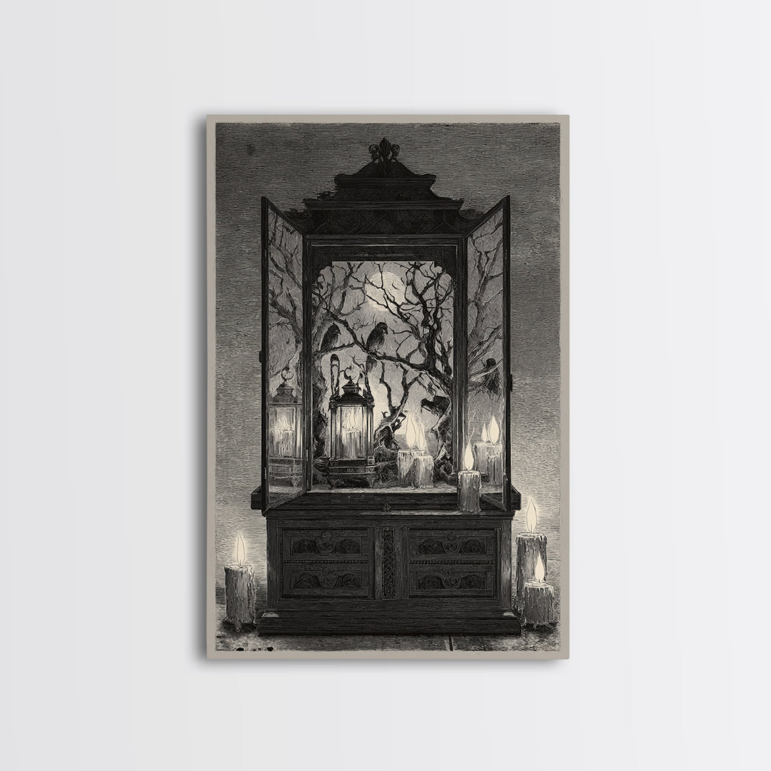 The Monster In The Mirror Cabinet - Procession Scene, Macabre Halloween Art, Vertical Wall Art, Framed Canvas Print, Halloween Home Decor