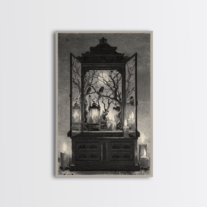 The Monster In The Mirror Cabinet - Procession Scene, Macabre Halloween Art, Vertical Wall Art, Framed Canvas Print, Halloween Home Decor
