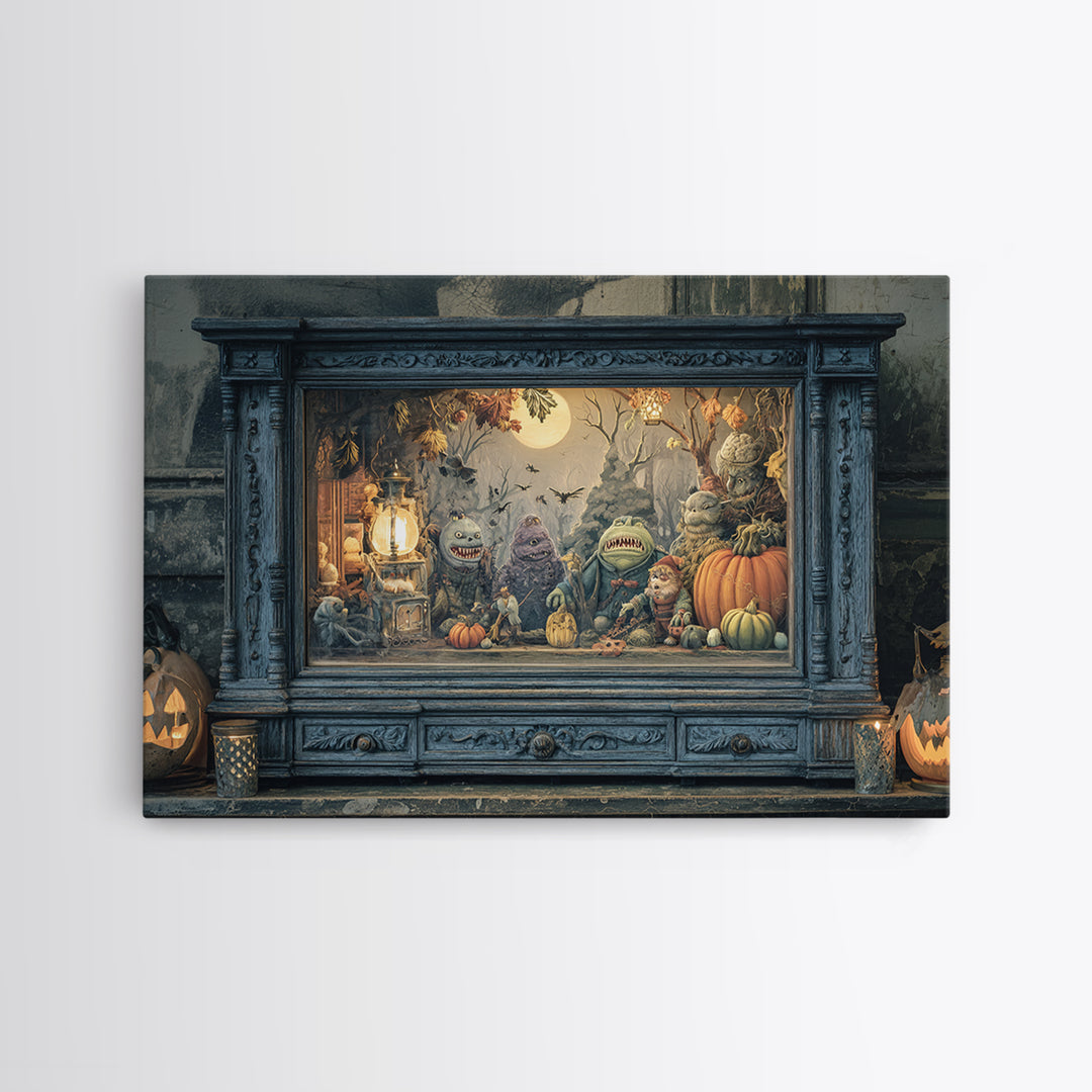 The Monster In The Mirror Cabinet - Procession Scene, Macabre Halloween Art, Landscape Wall Art, Framed Canvas Print, Halloween Home Decor