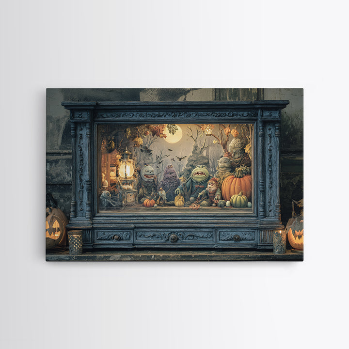 The Monster In The Mirror Cabinet - Procession Scene, Macabre Halloween Art, Landscape Wall Art, Framed Canvas Print, Halloween Home Decor