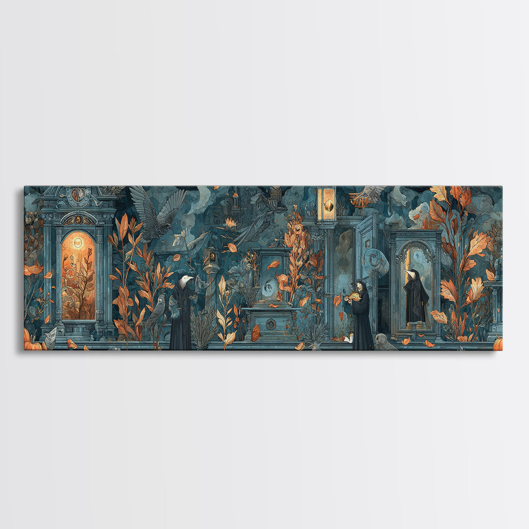 The Monster In The Mirror Cabinet - Procession Scene, Occult Wall Decor, Extra Wide Wall Art, Canvas Print, Halloween Home Decor