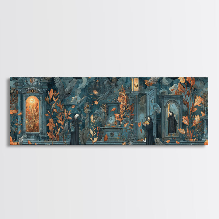 The Monster In The Mirror Cabinet - Procession Scene, Occult Wall Decor, Extra Wide Wall Art, Canvas Print, Halloween Home Decor
