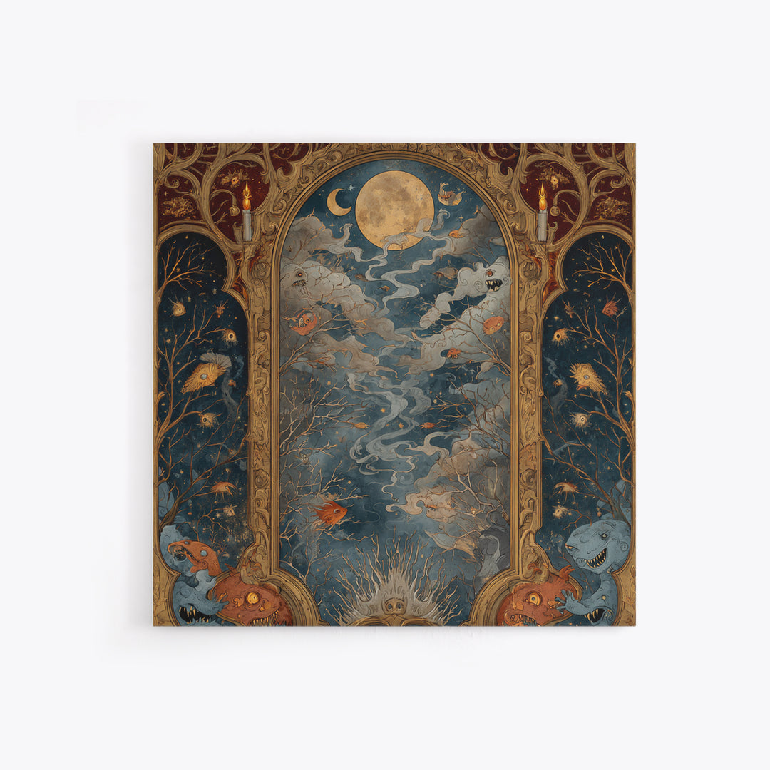 The Monster In The Mirror Cabinet - Surreal Celestial Vision, Macabre Halloween Art, Square Wall Art, Framed Canvas Print, Gothic Wall Art