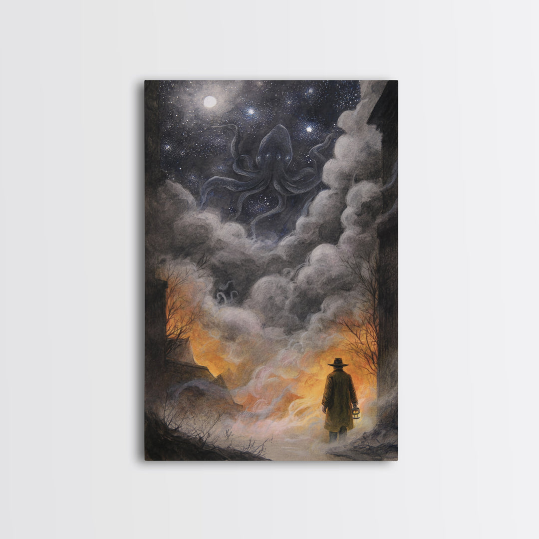 The Lantern-Bearer Of R’Lyeh, Occult Wall Decor, Vertical Wall Art, Framed Canvas Print, Halloween Home Decor, Gothic Wall Art