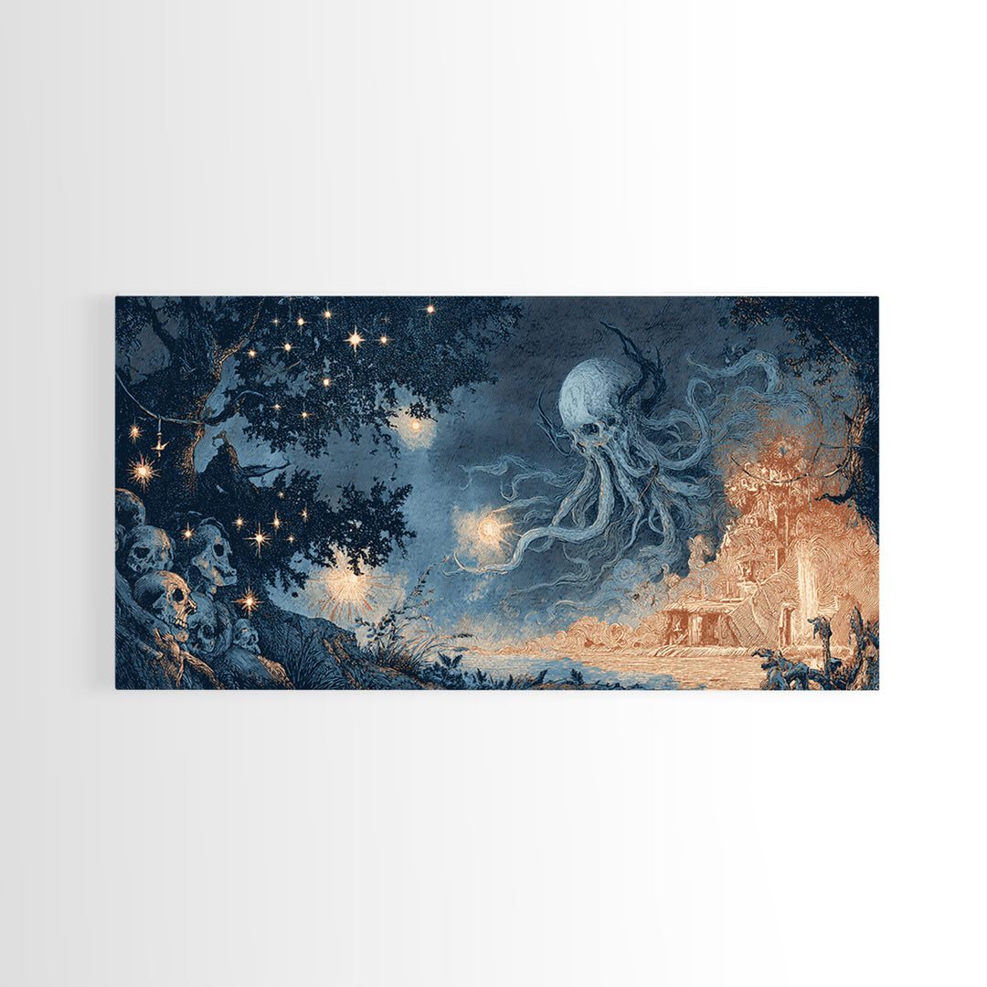 The Bellringer Of The Sunken Cathedral, Spooky Wall Decor, Wide Panoramic Art, Framed Canvas Print, Halloween Home Decor, Gothic Wall Art