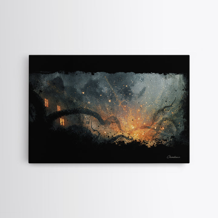 The Crawler Beneath The Floor Of Stars, Spooky Wall Decor, Landscape Wall Art, Framed Canvas Print, Halloween Home Decor, Gothic Wall Art