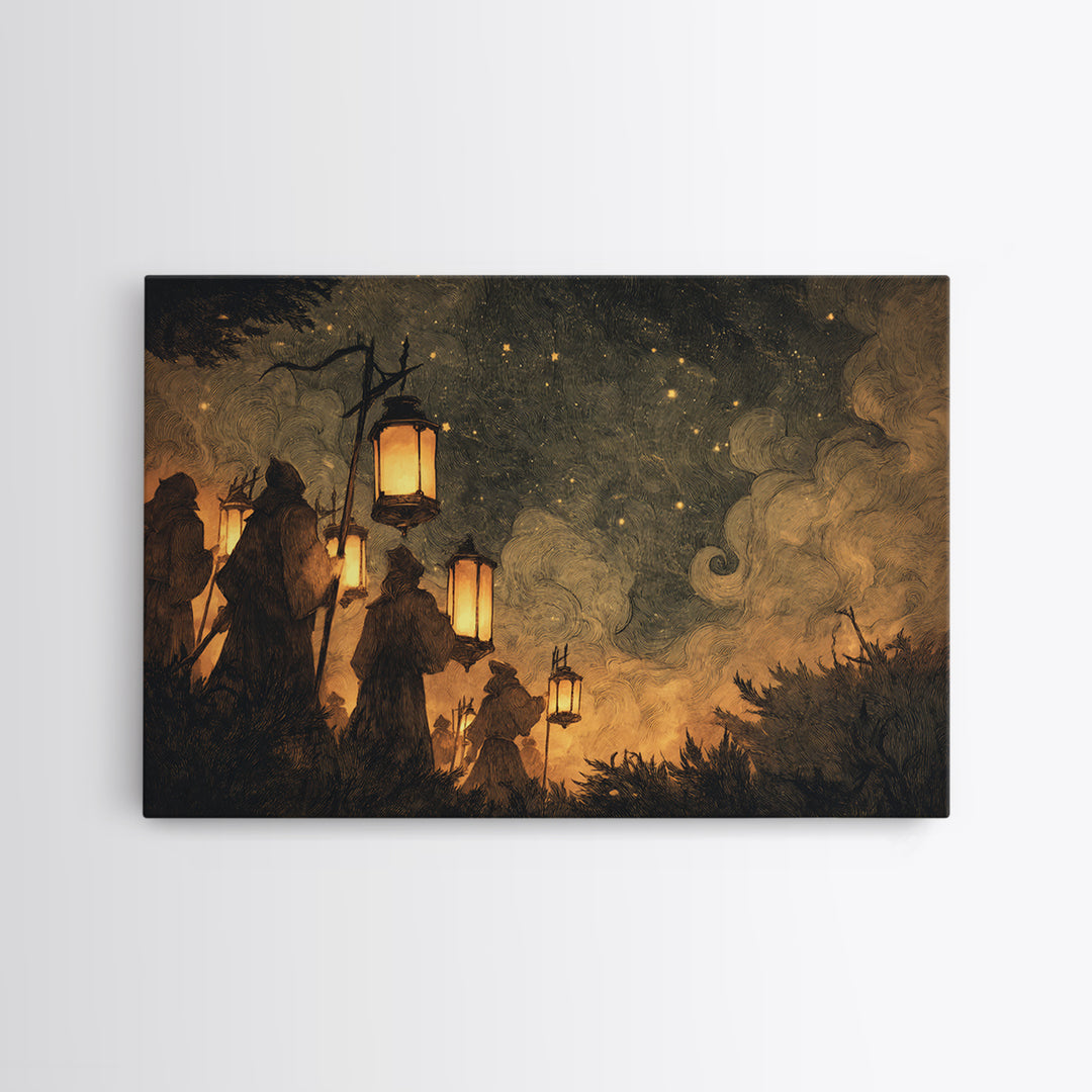 The Innsmouth Lantern Procession, Lovecraftian Wall Art, Landscape Wall Art, Framed Canvas Print, Halloween Home Decor, Gothic Wall Art