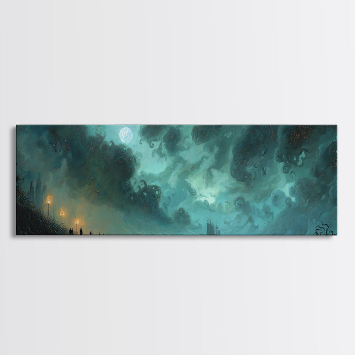 The Innsmouth Lantern Procession, Eldritch Wall Art, Extra Wide Wall Art, Framed Canvas Print, Halloween Home Decor, Gothic Wall Art