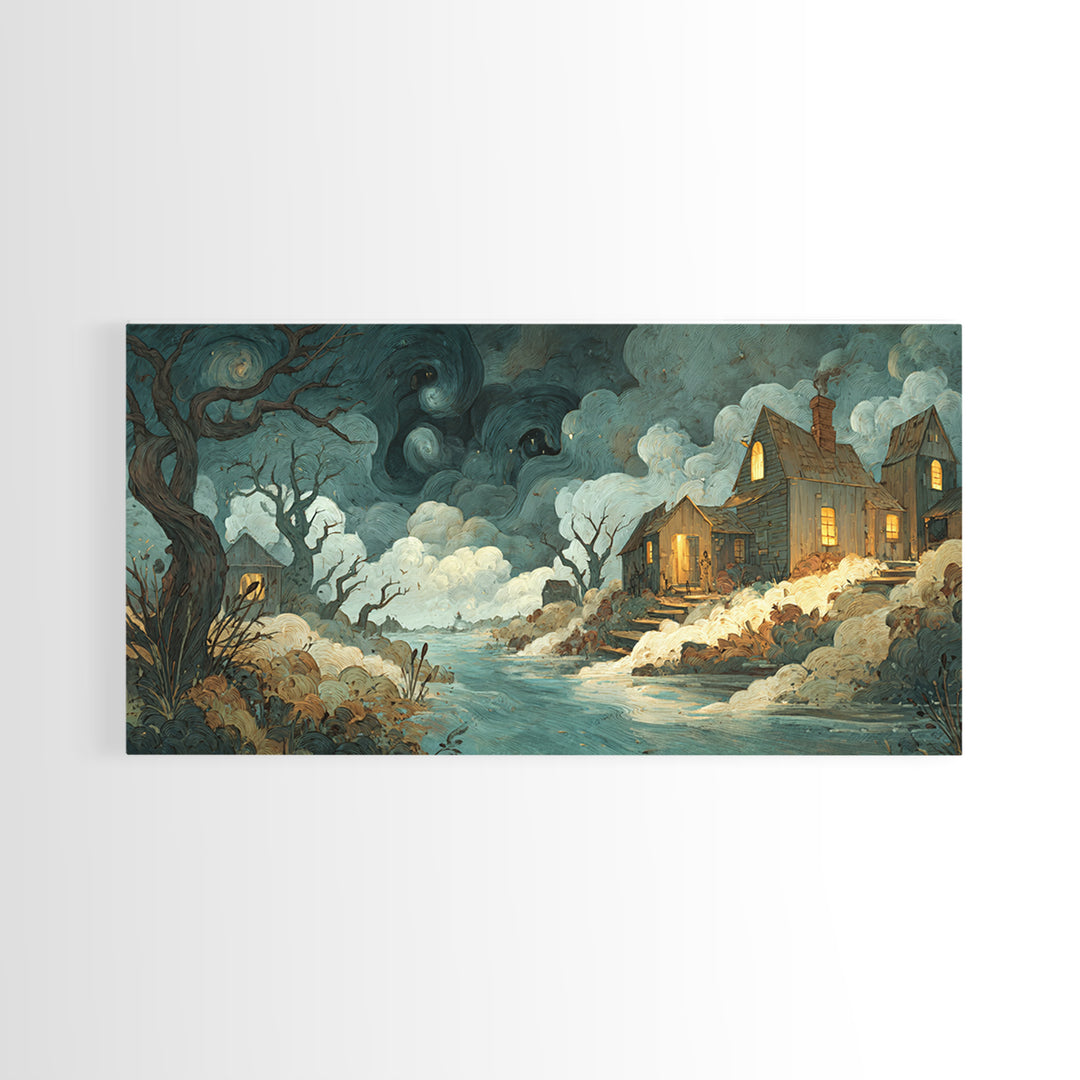 The Mapmaker Of Impossible Shores, Spooky Wall Decor, Wide Panoramic Art, Canvas Print, Halloween Home Decor, Gothic Wall Art