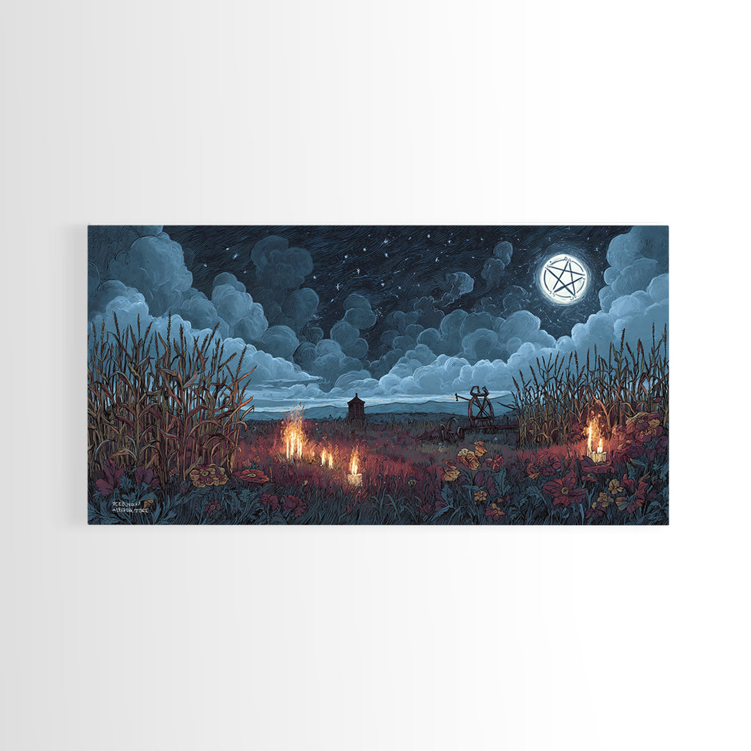 The Harvest Of The Eldritch Field, Occult Wall Decor, Wide Panoramic Art, Framed Canvas Print, Halloween Home Decor, Gothic Wall Art