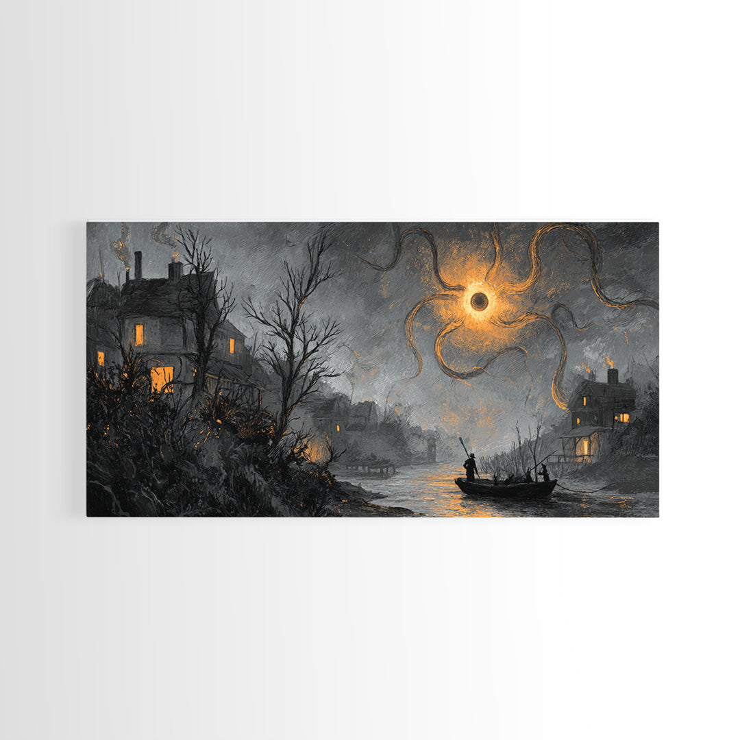The Ferryman Of The Outer Marsh, Dark Fantasy Wall Art, Wide Panoramic Art, Canvas Print, Halloween Home Decor, Gothic Wall Art