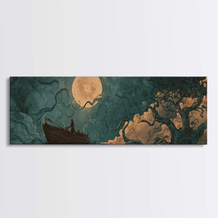 The Ferryman Of The Outer Marsh, Spooky Wall Decor, Extra Wide Wall Art, Framed Canvas Print, Halloween Home Decor, Gothic Wall Art