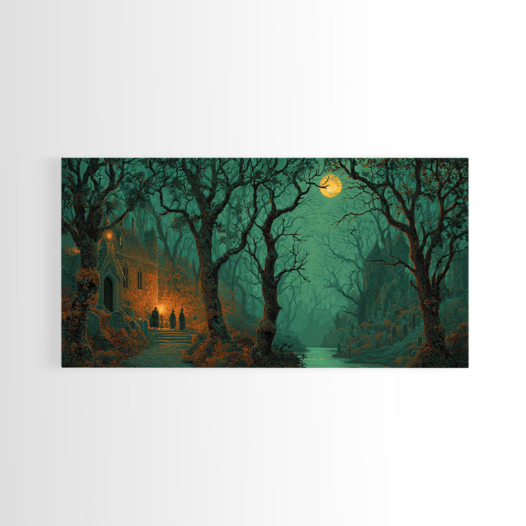 The Grave Gardener Of Yuggoth, Macabre Halloween Art, Wide Panoramic Art, Framed Canvas Print, Halloween Home Decor, Gothic Wall Art