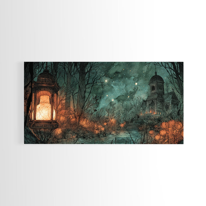 The Lantern Market Beyond The Veil, Eldritch Wall Art, Wide Panoramic Art, Canvas Print, Halloween Home Decor, Gothic Wall Art