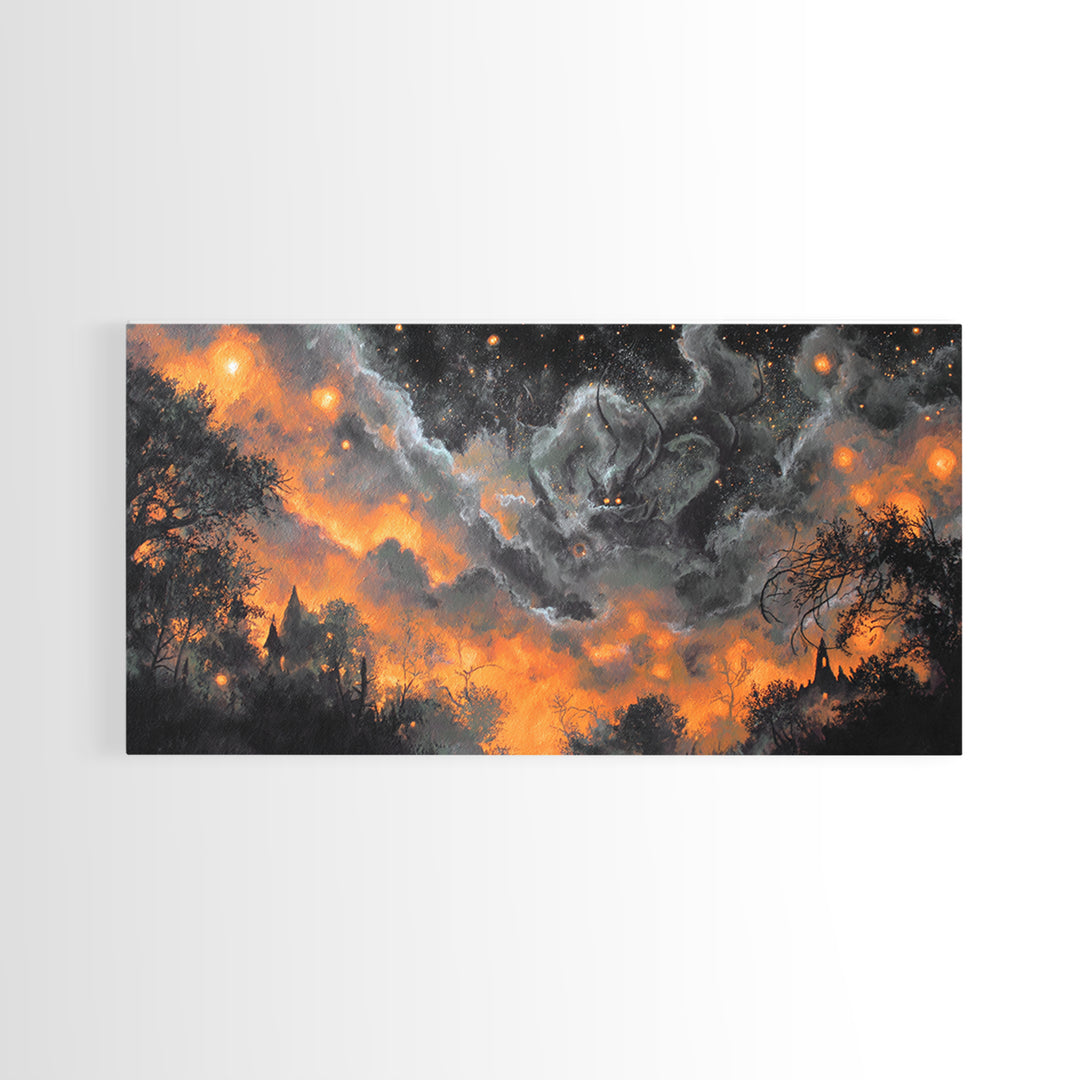 The Moth Prophet Of Kadath, Spooky Wall Decor, Wide Panoramic Art, Framed Canvas Print, Halloween Home Decor, Gothic Wall Art