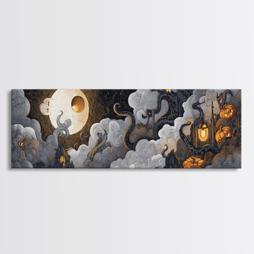 The Moonlit Shoggoth Menagerie, Macabre Halloween Art, Extra Wide Wall Art, Framed Canvas Print, Halloween Home Decor, Gothic Wall Art
