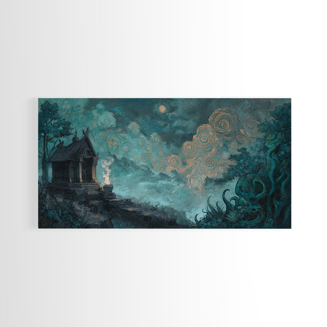 The Custodian Of The Whispering Idol, Cosmic Horror Decor, Wide Panoramic Art, Canvas Print, Halloween Home Decor, Gothic Wall Art