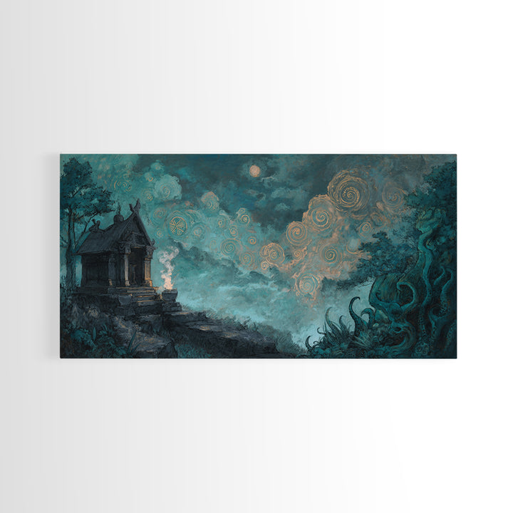 The Custodian Of The Whispering Idol, Cosmic Horror Decor, Wide Panoramic Art, Canvas Print, Halloween Home Decor, Gothic Wall Art
