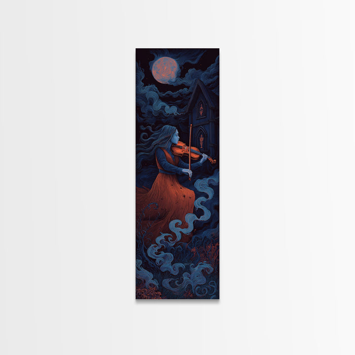 The Violinist Of The Drowned Moon, Macabre Halloween Art, Tall Narrow Wall Art, Canvas Print, Halloween Home Decor, Gothic Wall Art