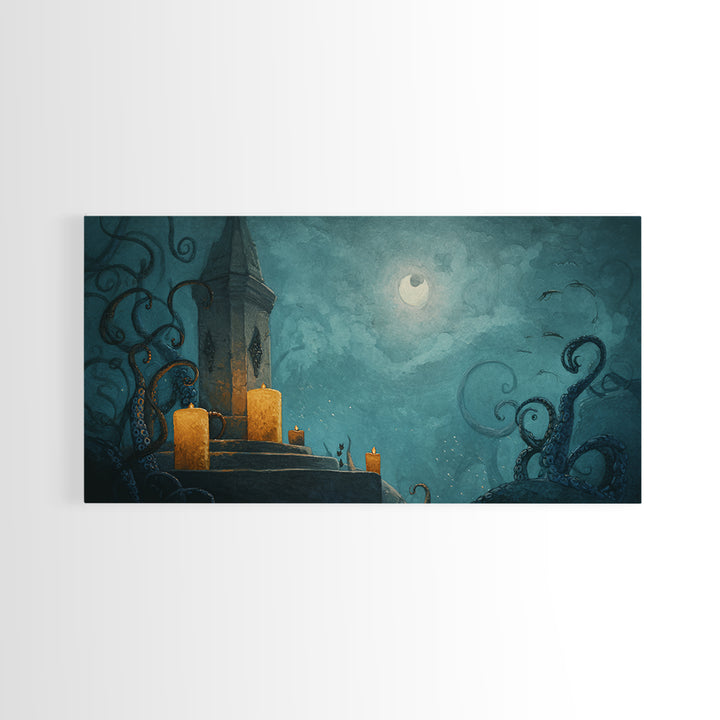 The Candelit Ark Of Forgotten Stars, Gothic Home Decor, Wide Panoramic Art, Framed Canvas Print, Halloween Home Decor, Gothic Wall Art