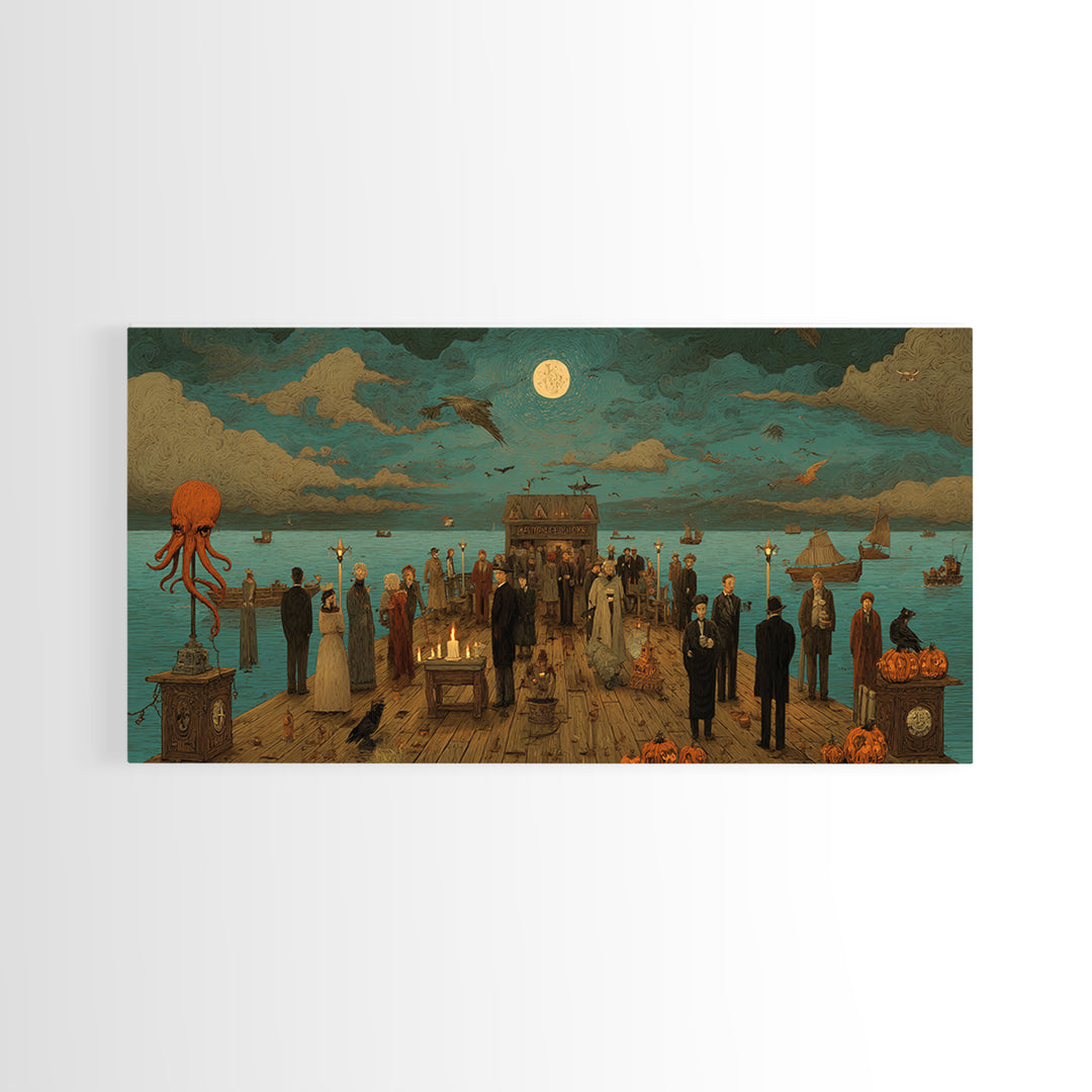 The Tea Party At Innsmouth Pier, Macabre Halloween Art, Wide Panoramic Art, Canvas Print, Halloween Home Decor, Gothic Wall Art