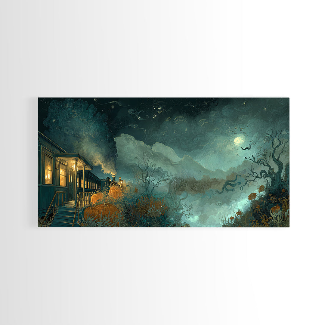 The Phantom Train To Kadath, Dark Fantasy Wall Art, Wide Panoramic Art, Canvas Print, Halloween Home Decor, Gothic Wall Art, Horror Wall Art