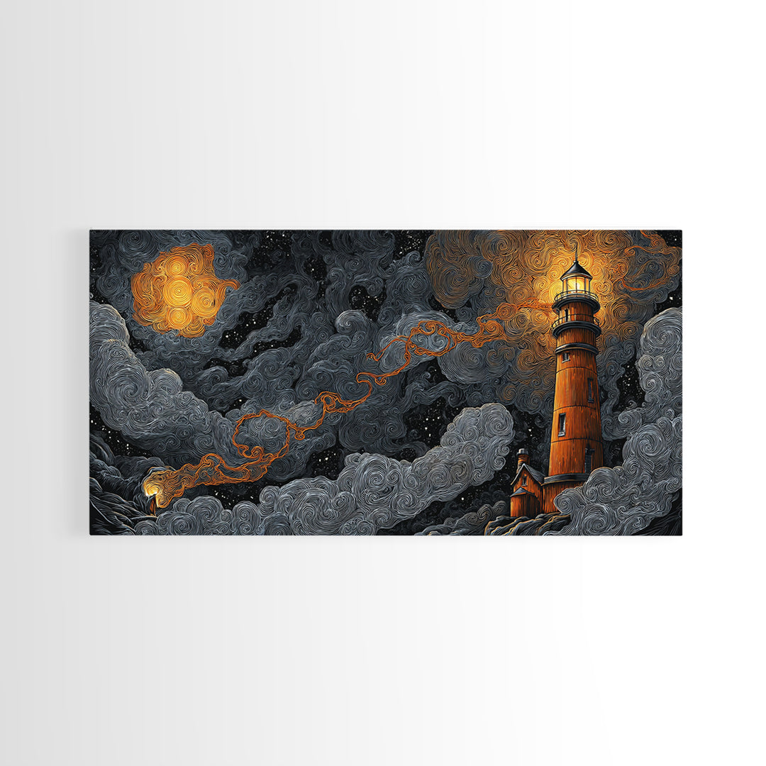 The Last Lighthouse Of Y’Ha-Nthlei, Dark Fantasy Wall Art, Wide Panoramic Art, Framed Canvas Print, Halloween Home Decor, Gothic Wall Art