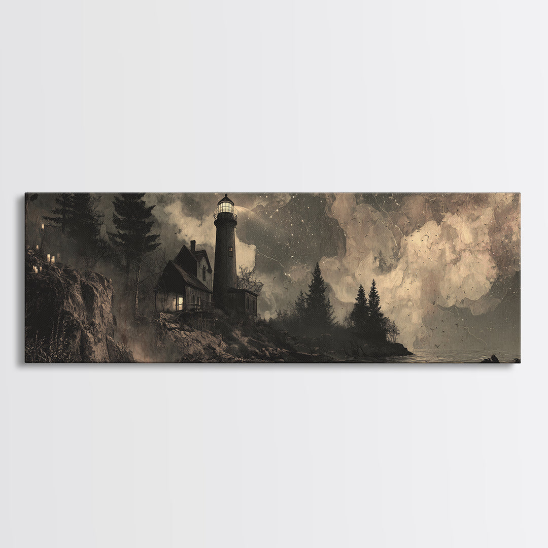 The Last Lighthouse Of Y’Ha-Nthlei, Occult Wall Decor, Extra Wide Wall Art, Framed Canvas Print, Halloween Home Decor, Gothic Wall Art