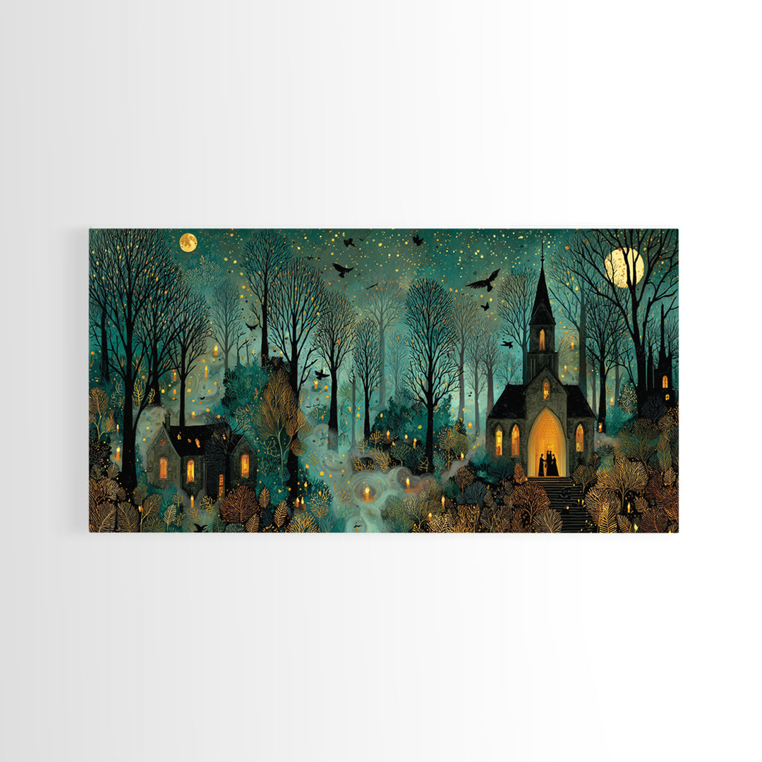 The Raven Sermon Of Leng, Halloween Wall Art, Wide Panoramic Art, Framed Canvas Print, Halloween Home Decor, Gothic Wall Art
