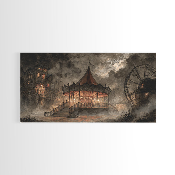 The Carousel Of Sleeping Planets, Macabre Halloween Art, Wide Panoramic Art, Framed Canvas Print, Halloween Home Decor, Gothic Wall Art