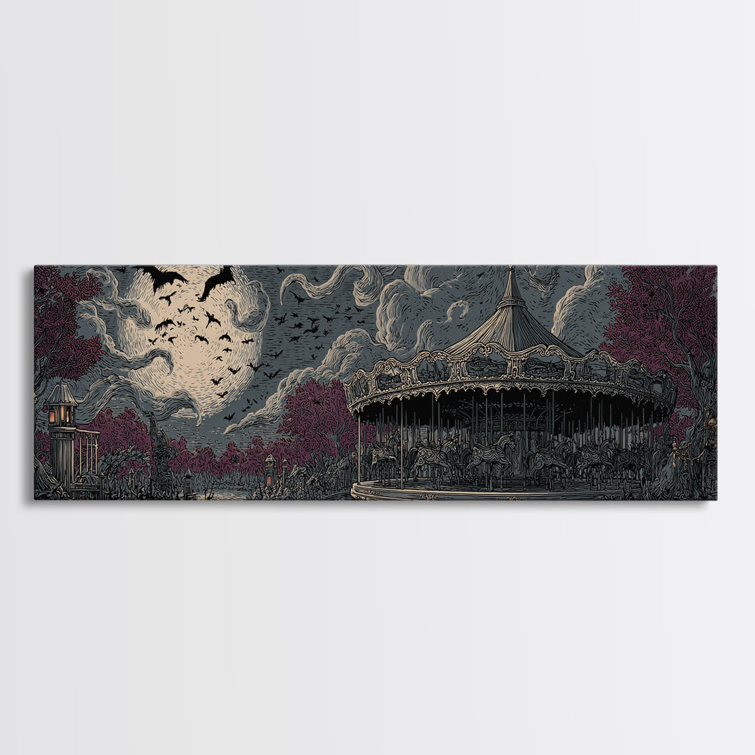 The Carousel Of Sleeping Planets, Macabre Halloween Art, Extra Wide Wall Art, Canvas Print, Halloween Home Decor, Gothic Wall Art