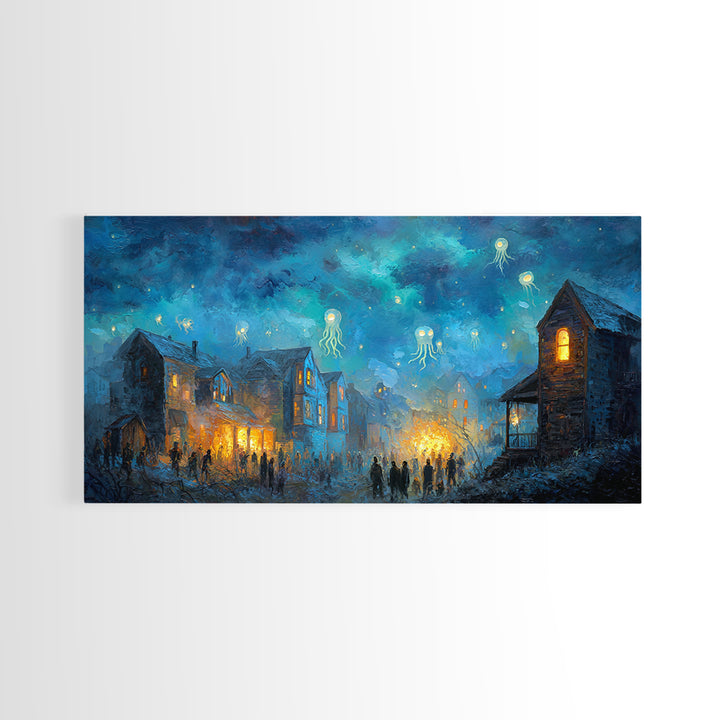 The Festival Of The Little Old Ones, Eldritch Wall Art, Wide Panoramic Art, Canvas Print, Halloween Home Decor, Gothic Wall Art