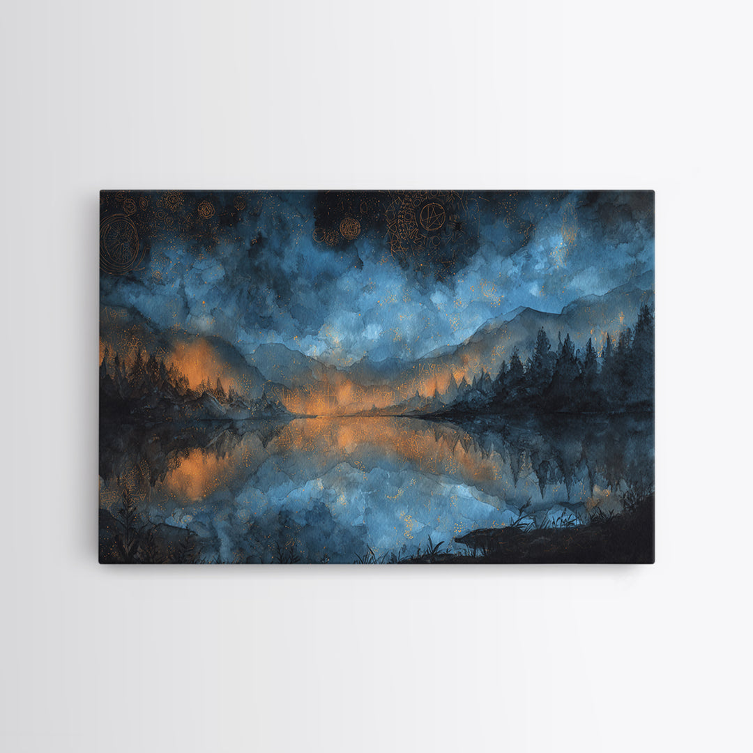 The Mirror Lake Of Lost Constellations, Cosmic Horror Decor, Landscape Wall Art, Framed Canvas Print, Halloween Home Decor, Gothic Wall Art