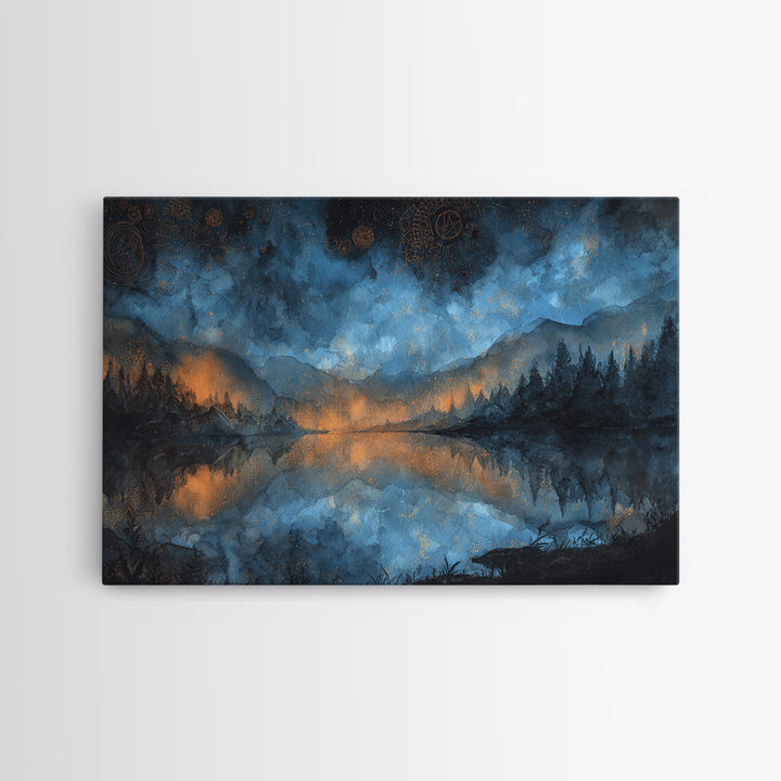 The Mirror Lake Of Lost Constellations, Cosmic Horror Decor, Landscape Wall Art, Framed Canvas Print, Halloween Home Decor, Gothic Wall Art
