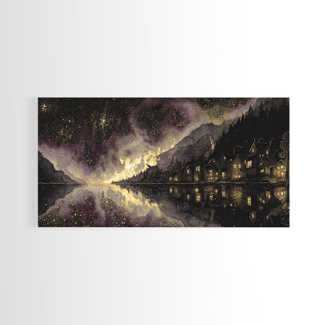 The Mirror Lake Of Lost Constellations, Macabre Halloween Art, Wide Panoramic Art, Canvas Print, Halloween Home Decor, Gothic Wall Art