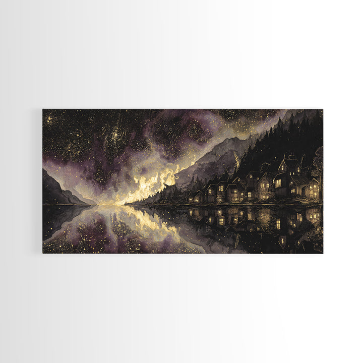 The Mirror Lake Of Lost Constellations, Macabre Halloween Art, Wide Panoramic Art, Canvas Print, Halloween Home Decor, Gothic Wall Art