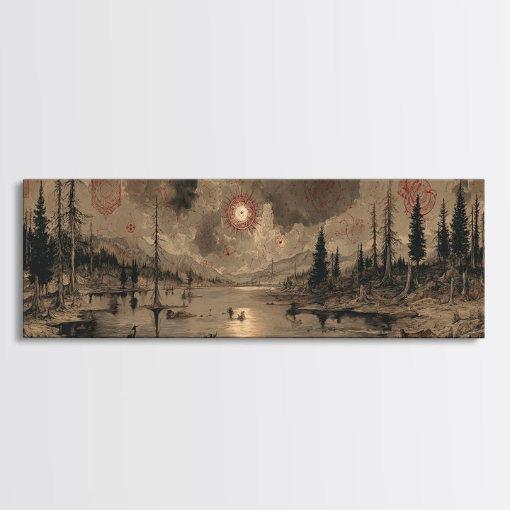 The Mirror Lake Of Lost Constellations, Occult Wall Decor, Extra Wide Wall Art, Framed Canvas Print, Halloween Home Decor, Gothic Wall Art