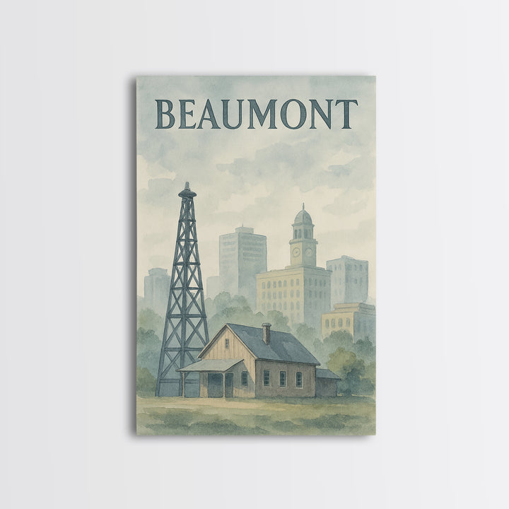 Beaumont Texas Travel Poster, Canvas Print, Painted Travel Poster Art, Beaumont Travel Art, Watercolor Urban Skyline, Living Room Wall Art